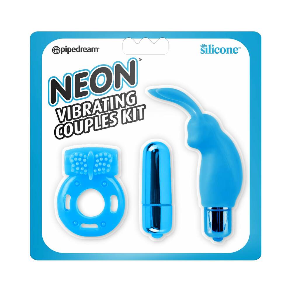 Neon 3-Piece Silicone Vibrating Couples Kit Blue