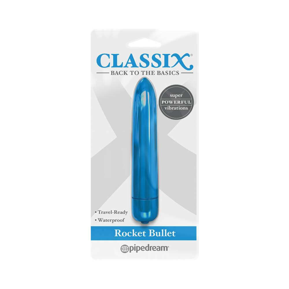 Classix Rocket Bullet Vibrator Blue packaging featuring travel-ready and waterproof details.