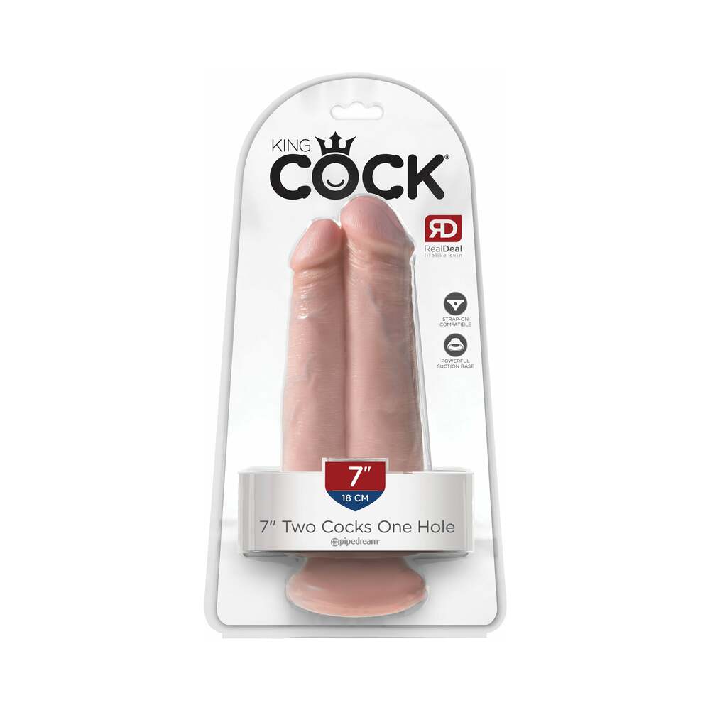 King Cock 7 in. Two Cocks One Hole Dual Dildo With Suction Cup Beige