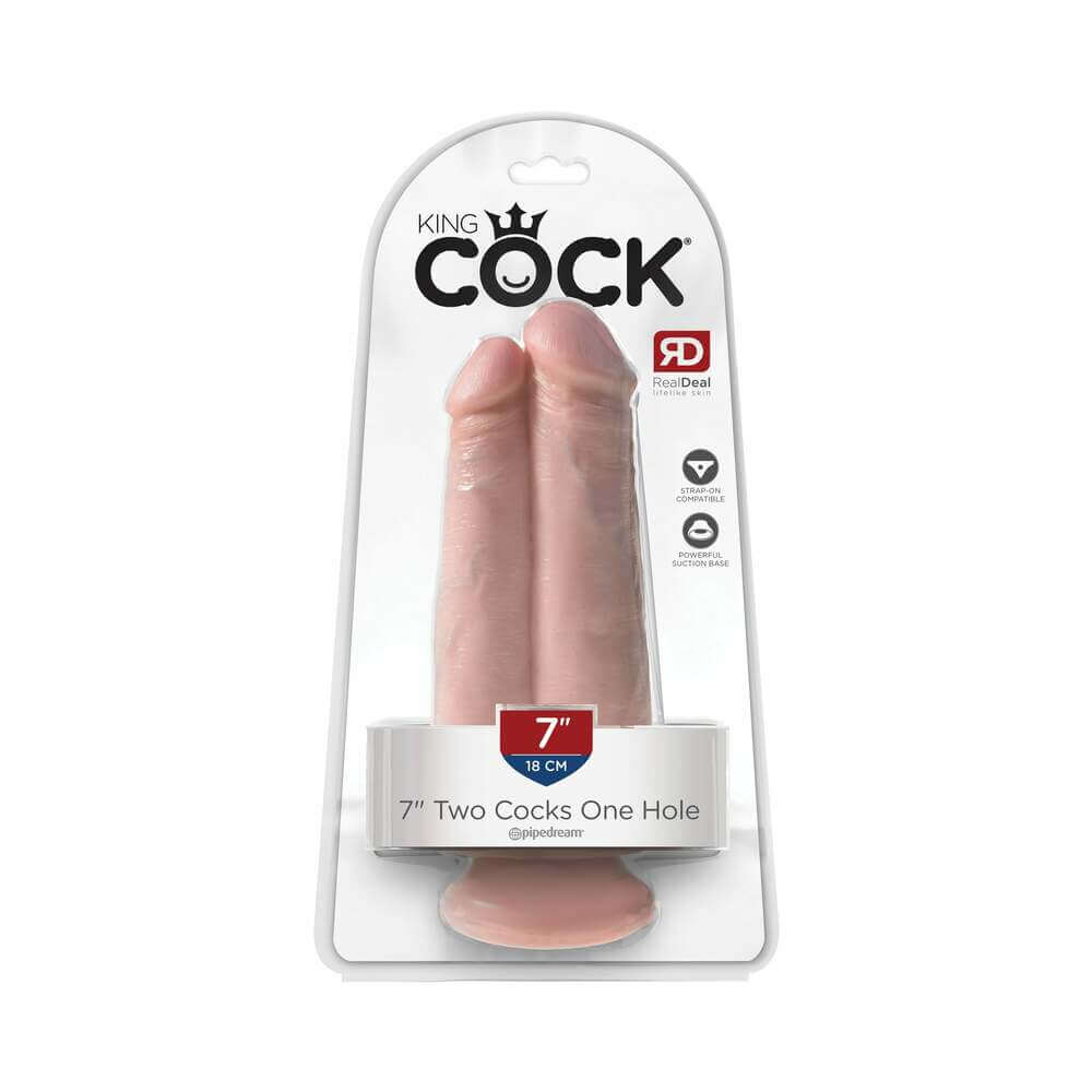 King Cock 7 in. Two Cocks One Hole Dual Dildo With Suction Cup Beige