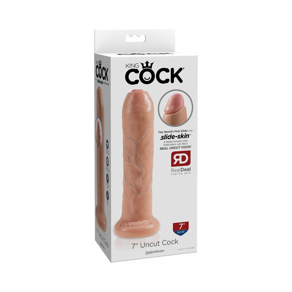 King Cock 7 inches Uncut Cock Realistic Dildo With Moveable Foreskin & Suction Cup Beige