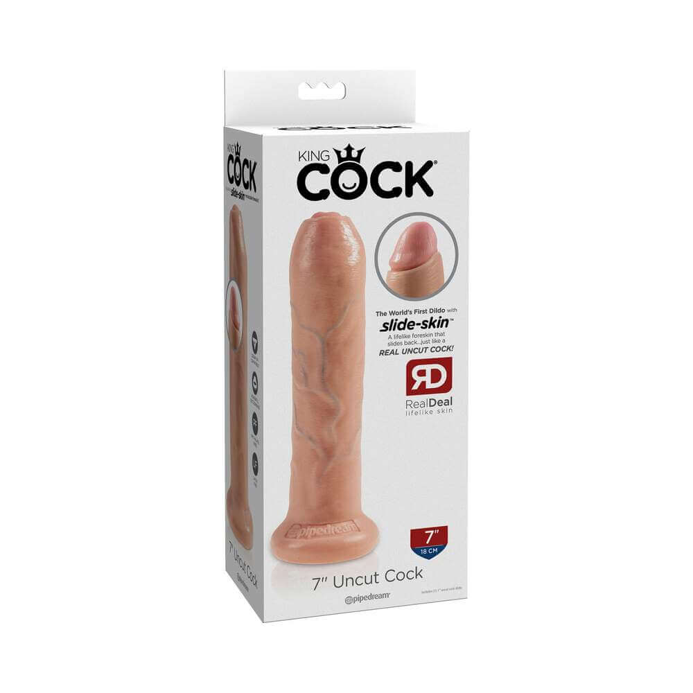 King Cock 7 inch Uncut Cock Realistic Dildo Beige packaging with detailed design and features displayed.