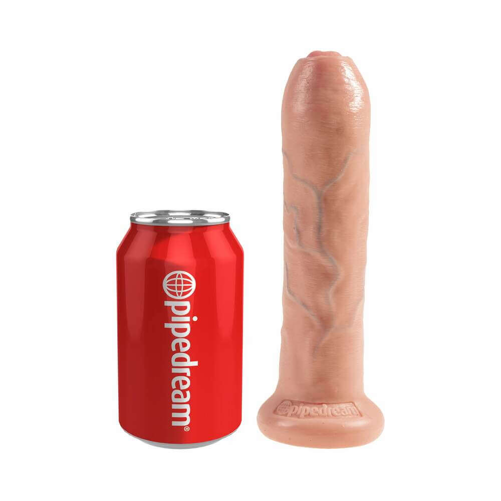 King Cock 7 inch Uncut Cock Realistic Dildo Beige next to a soda can for size comparison
