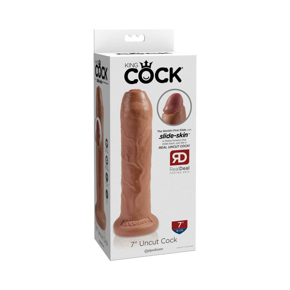 King Cock 7 inch Uncut Cock Realistic Foreskin Dildo Tan packaging showcasing lifelike design and flexible construction.