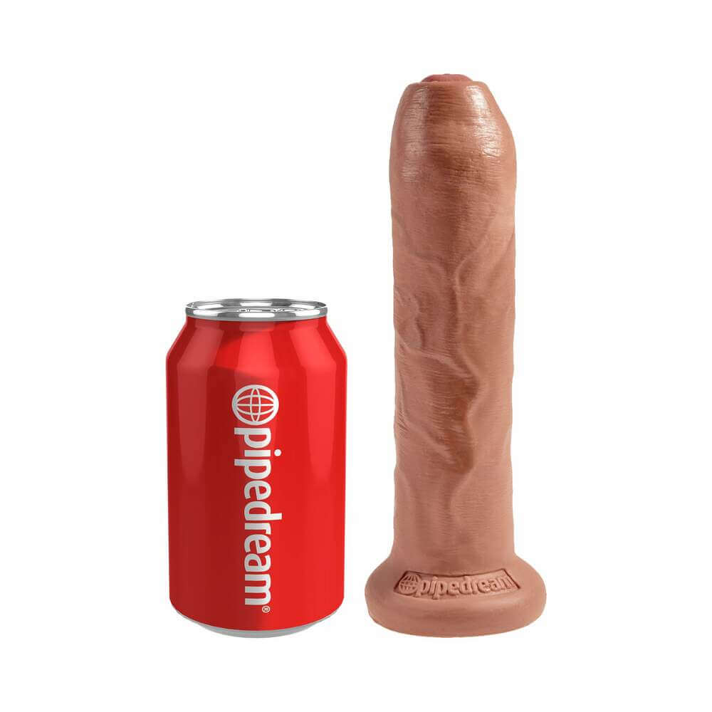 King Cock 7 inch Uncut Cock Realistic Foreskin Dildo Tan next to a can for size comparison.