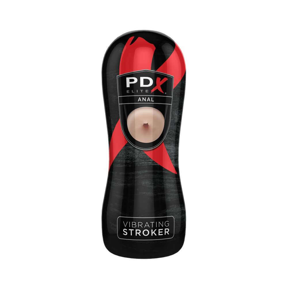 PDX Elite Vibrating Stroker Anal Beige with a sleek black and red design and a textured opening for enhanced pleasure.
