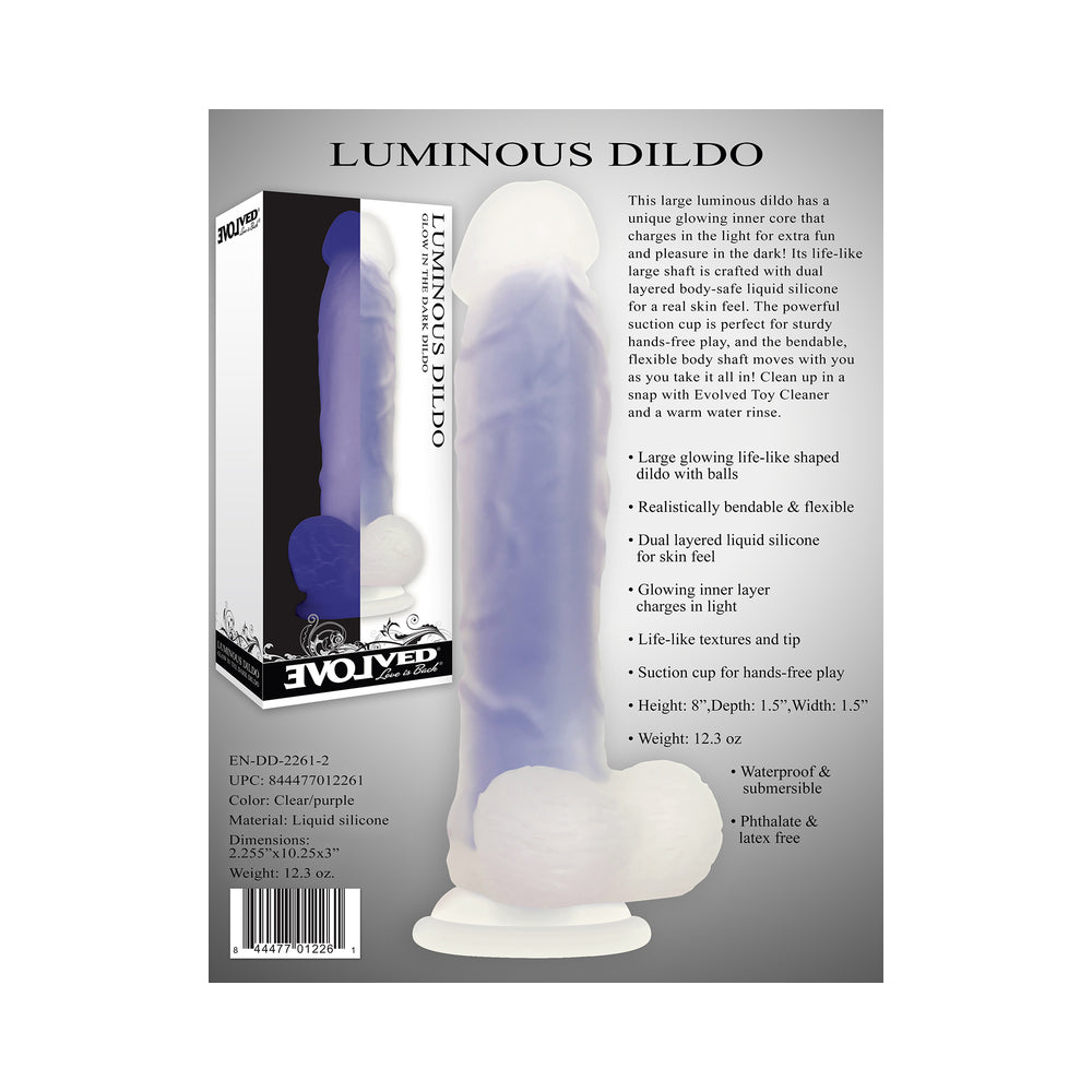 Evolved Luminous Poseable Glow in the Dark 8 inches Dildo With Balls Clear/Purple