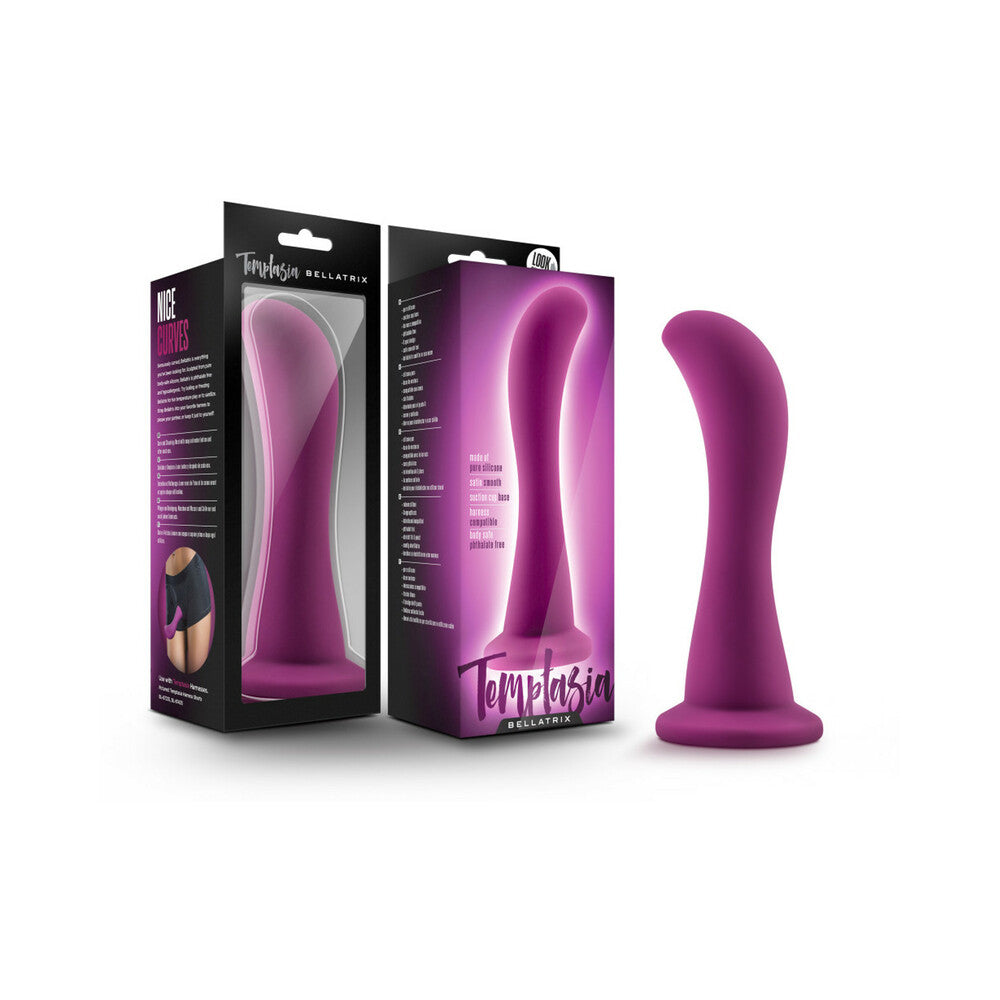 Blush Temptasia Bellatrix 6.25 inches Curved Dildo Plum in packaging, showcasing its elegant curve and design.