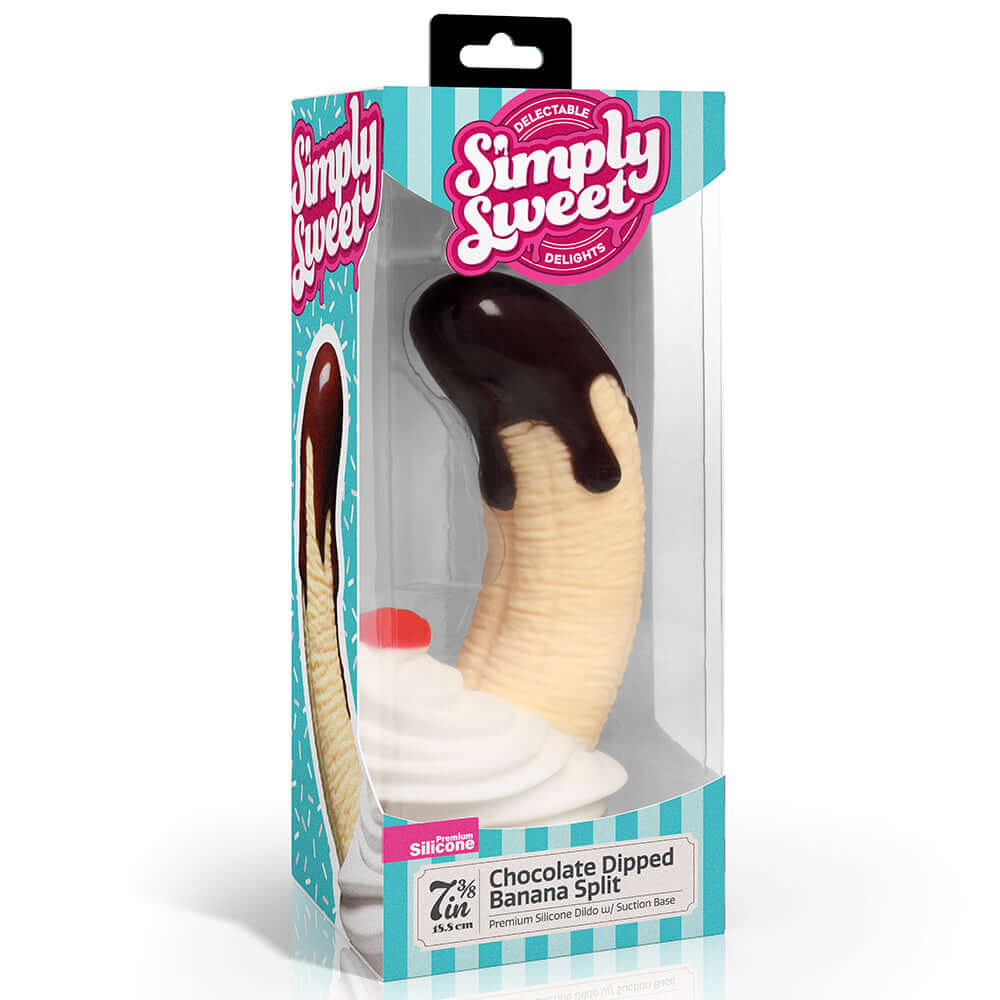 Simply Sweet Chocolate Dipped Banana Split Dildo in packaging, showcasing its dessert-inspired design and playful appearance.