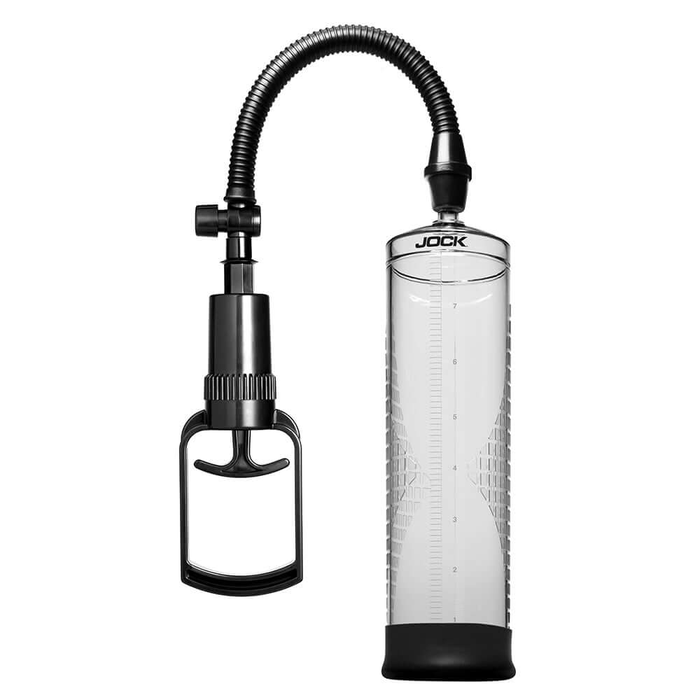 Jock Penis Pump With Pull Rod featuring a clear graduated cylinder and manual suction system for enhanced pumping experience.