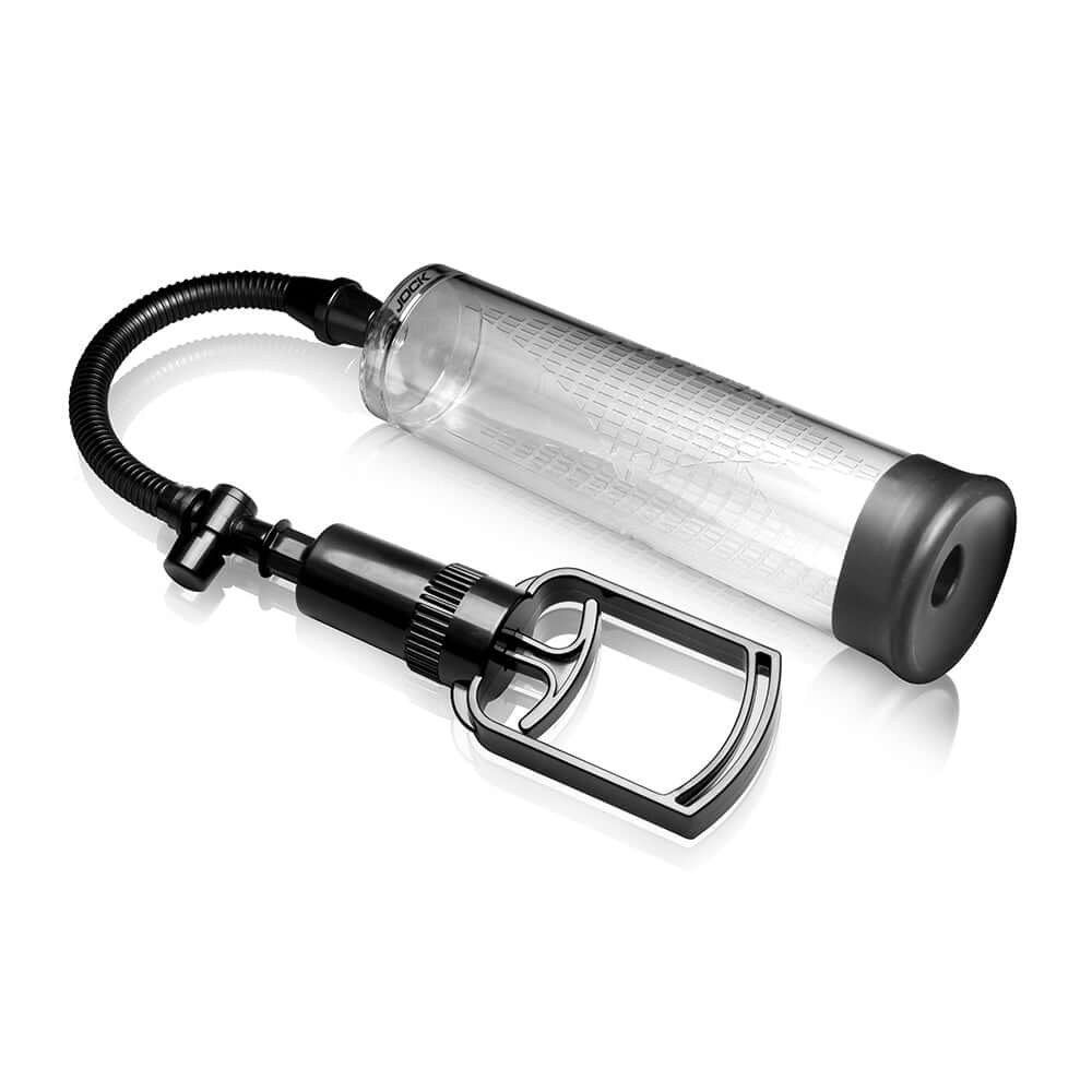 Jock Penis Pump With Pull Rod, featuring a clear graduated cylinder and manual suction system for enhanced user experience.