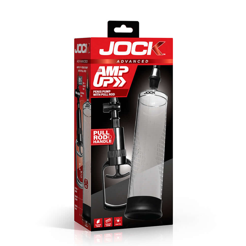 Jock Penis Pump With Pull Rod package featuring pull rod handle and clear cylinder design.