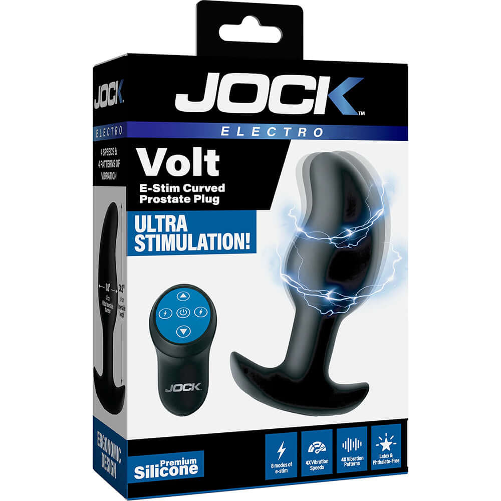 Jock Electro Volt E-stim Curved Prostate Plug Black packaging showcasing the product and remote for enhanced stimulation.