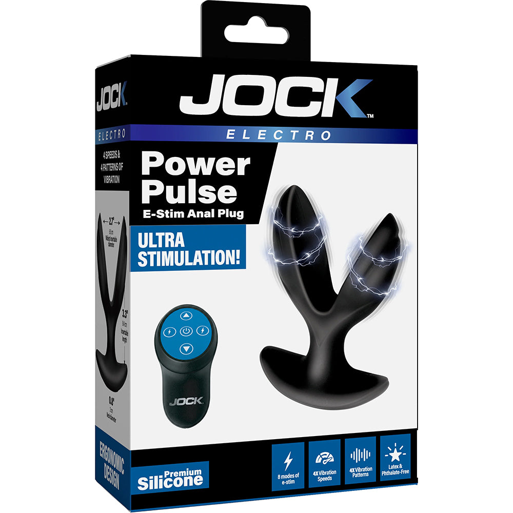 Jock Electro Power Pulse E-stim Anchor Anal Plug Black packaging with remote for enhanced anal stimulation.