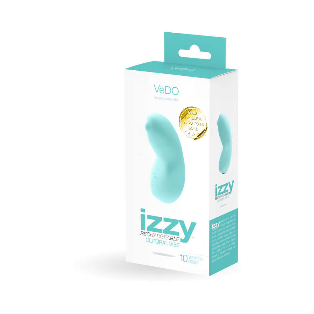VeDO Izzy Rechargeable Clitoral Vibe Tease Me Turquoise packaging showcasing sleek design and features.