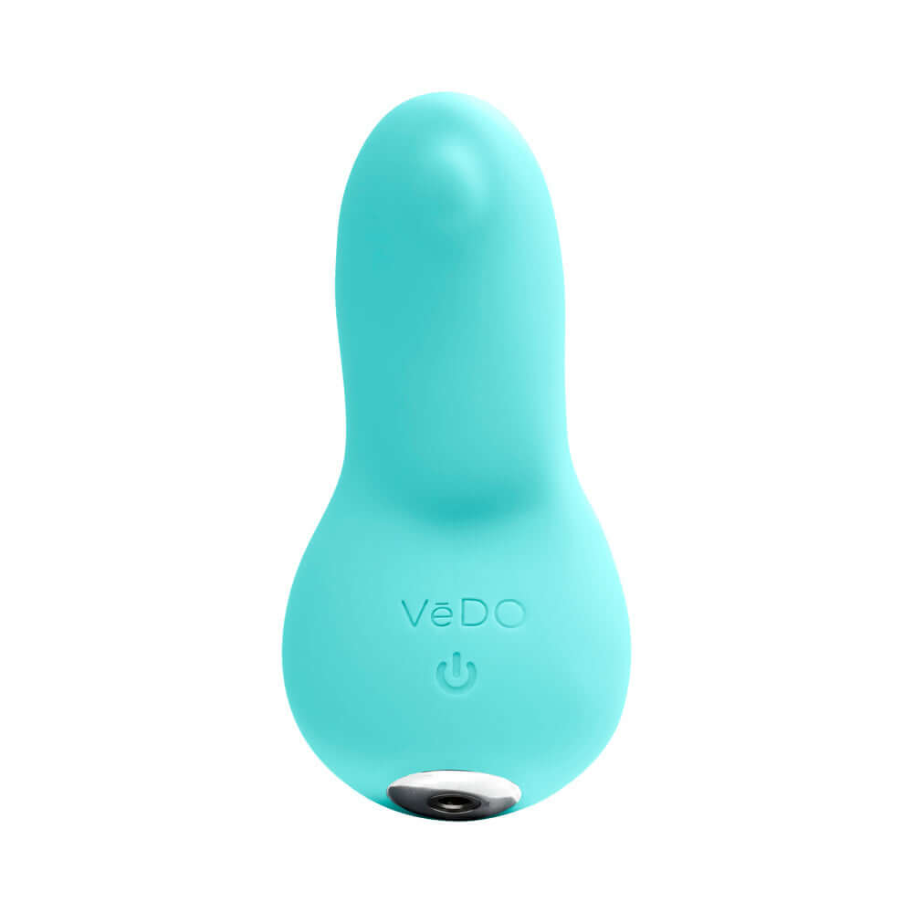 VeDO Izzy Rechargeable Clitoral Vibe Tease Me Turquoise close-up view on a white background.