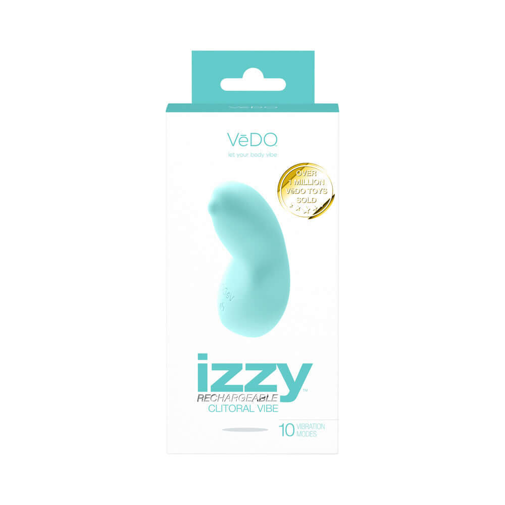 VeDO Izzy Rechargeable Clitoral Vibe Tease Me Turquoise packaging featuring sleek design and 10 vibration modes.