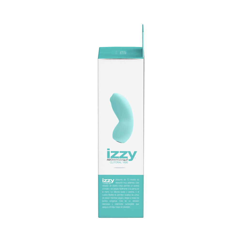 VeDO Izzy Rechargeable Clitoral Vibe Tease Me Turquoise packaging showcasing sleek design and vibrant color.