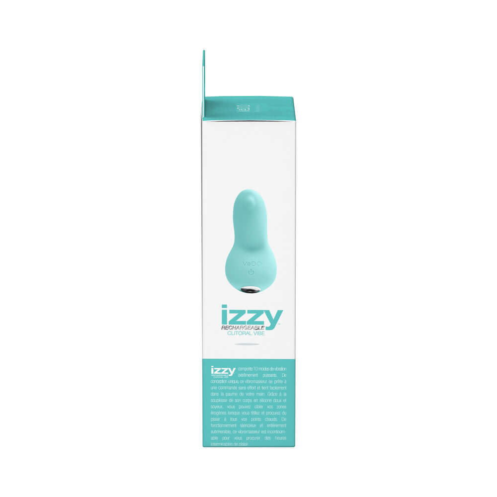 VeDO Izzy Rechargeable Clitoral Vibe Tease Me Turquoise packaging with product details and sleek design.