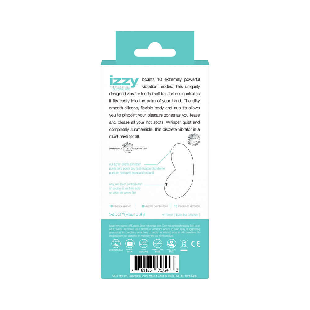 VeDO Izzy Rechargeable Clitoral Vibe Tease Me Turquoise product packaging featuring vibration modes and usage instructions.