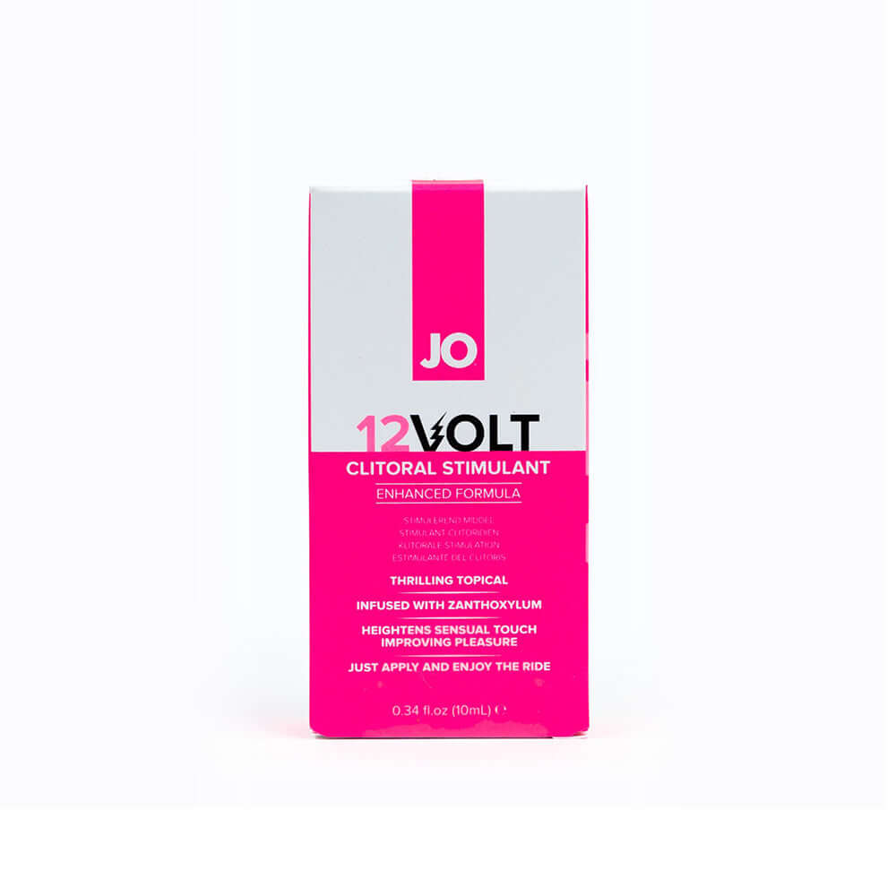 JO 12 Volt Clitoral Stimulant 0.34 Oz packaging showcasing enhanced arousal serum for heightened pleasure.