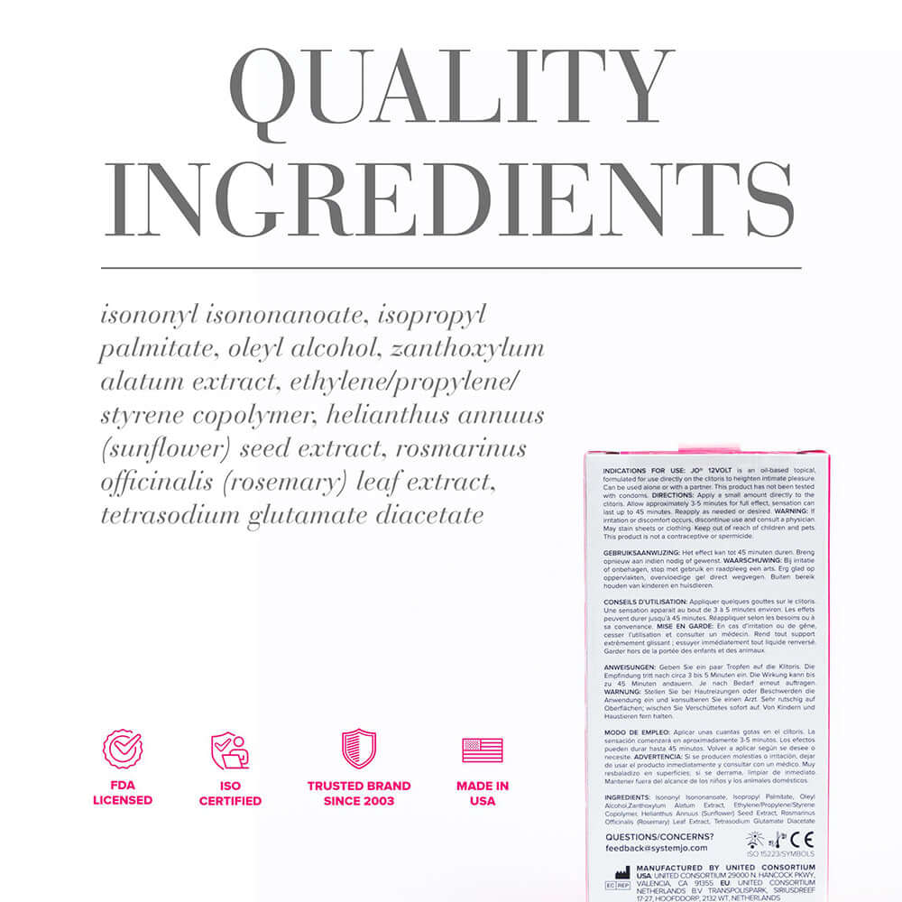 List of quality ingredients for JO 12 Volt Clitoral Stimulant 0.34 Oz, including sunflower seed extract and rosemary leaf extract.