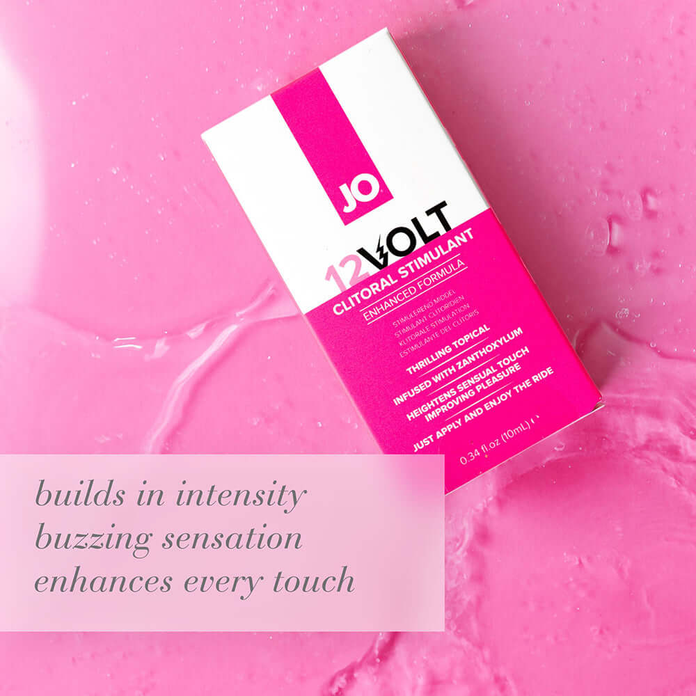 JO 12 Volt Clitoral Stimulant 0.34 Oz packaging on a pink background, showcasing its intensity-enhancing formula.