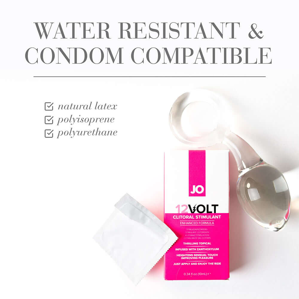 JO 12 Volt Clitoral Stimulant 0.34 Oz packaging with water-resistant and condom-compatible features.