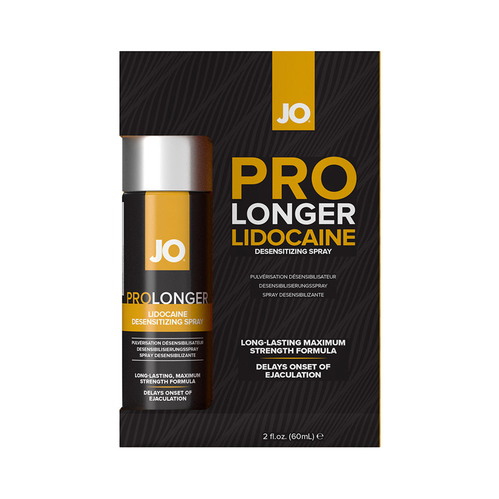 JO Prolonger Lidocaine Desensitizing Spray 2 Oz packaging and product bottle for delaying ejaculation.