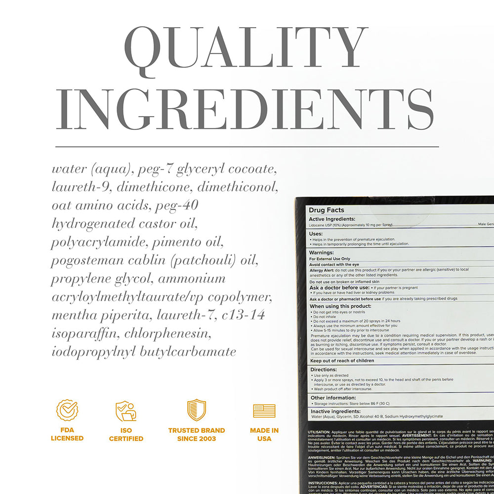 JO Prolonger Lidocaine Desensitizing Spray 2 Oz ingredients list detailing quality formulation.