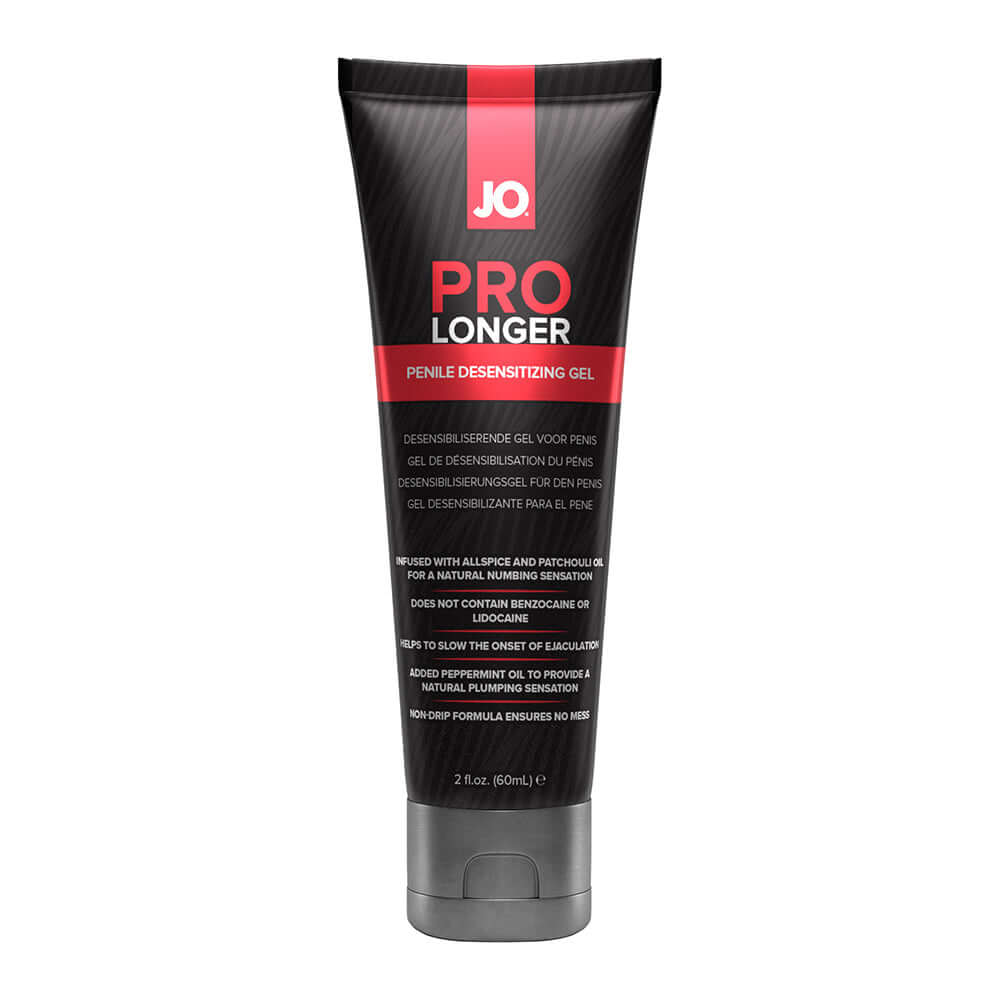 JO Prolonger Penile Desensitizing Gel 2 Oz in a black tube designed for enhancing intimate endurance and pleasure.