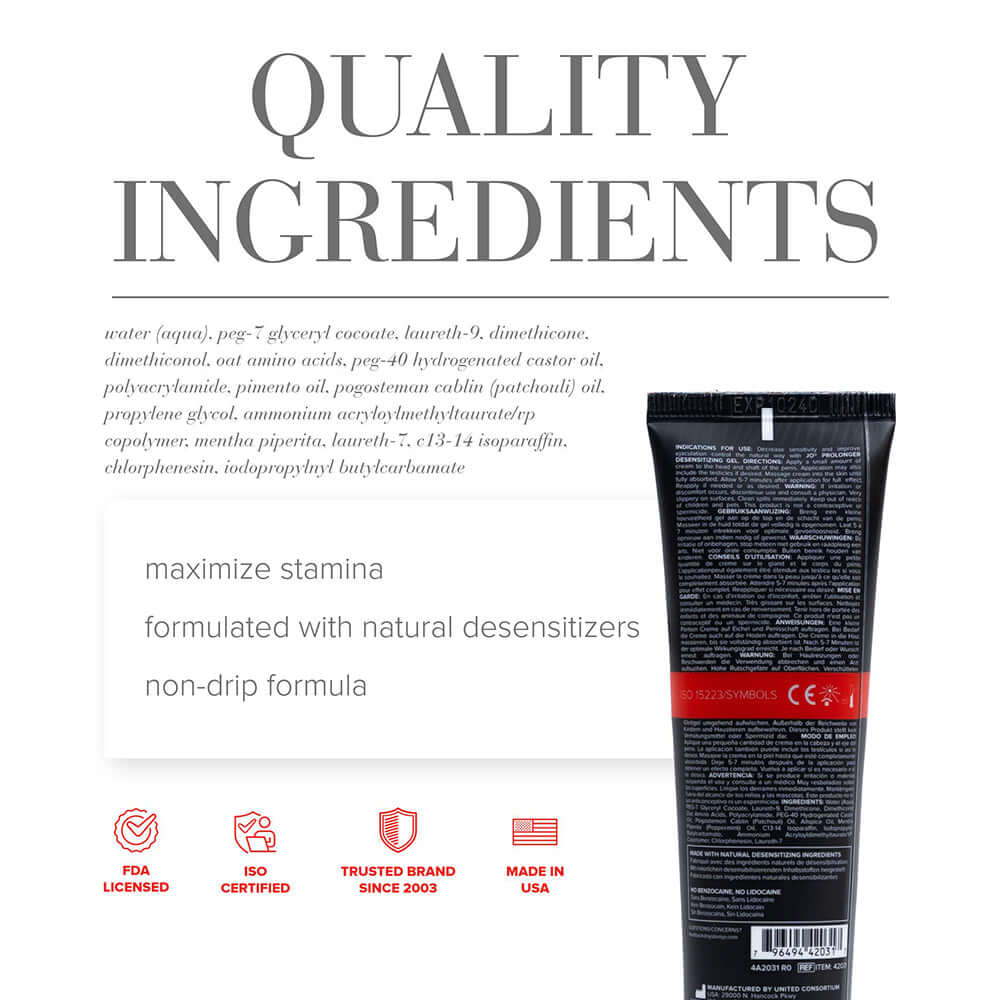 JO Prolonger Penile Desensitizing Gel 2 Oz quality ingredients, maximize stamina, natural desensitizers, non-drip formula