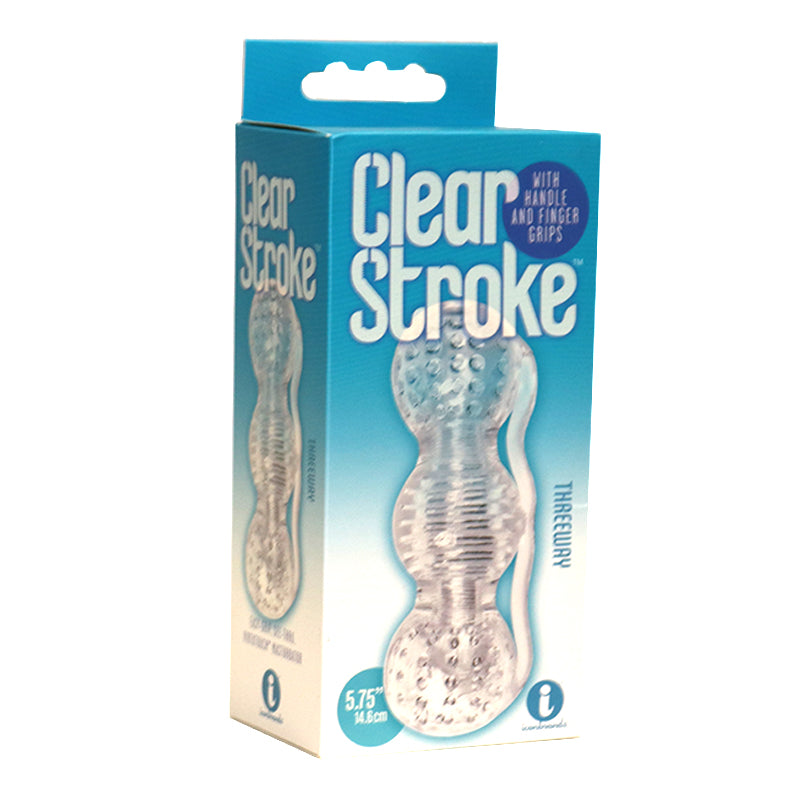 Clear Stroke Threeway Masturbator 5.75 inches packaging featuring handle and finger grips for enhanced pleasure.