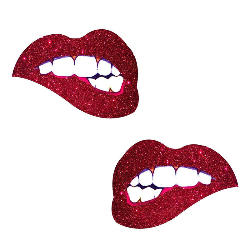 Neva Nude Pasty Bite Me Lips Glitter Red nipple pasties with sparkling red lip design.