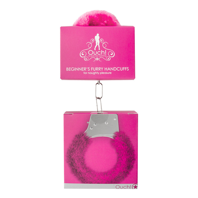 Beginners Furry Handcuffs With Quick Release Pink packaging showcasing playful design for light bondage.