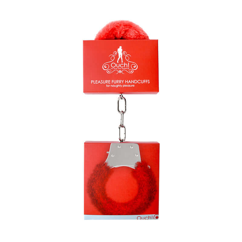 Pleasure Furry Handcuffs With Quick-Release Red packaging with soft red faux fur and durable metal cuffs.