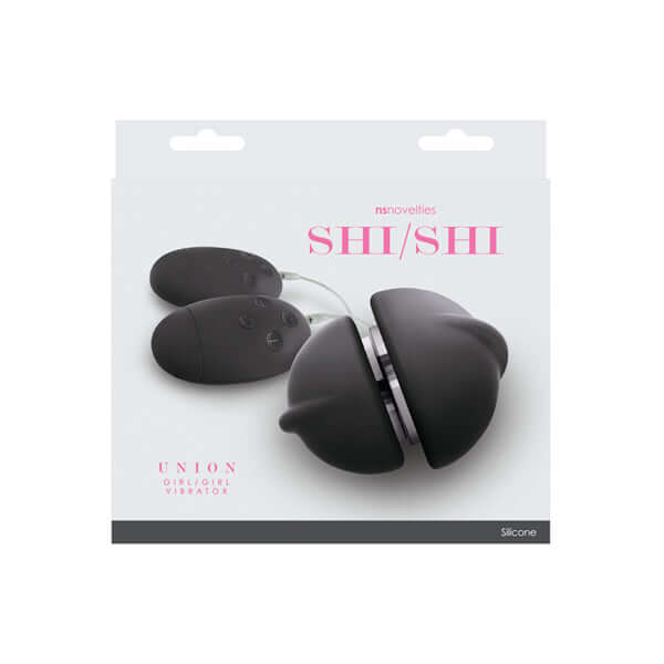 Shi Shi Union Girl Girl Vibrator Black packaging featuring a dual-motor design for couples' pleasure.