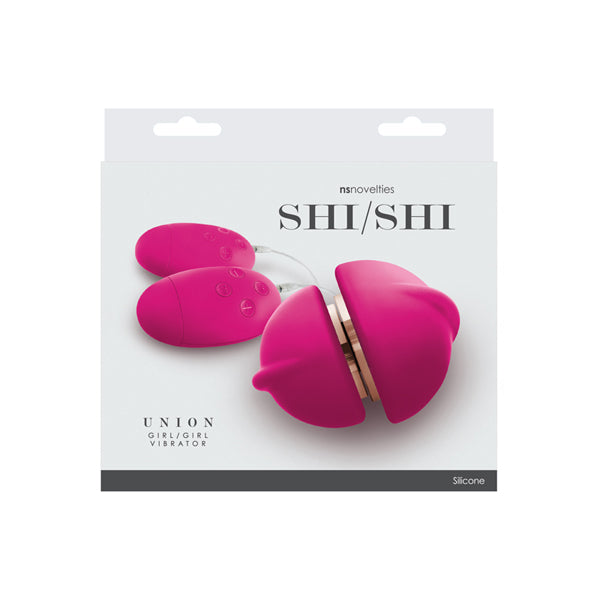 Packaging of Shi Shi Union Girl Girl Vibrator Pink showcasing its dual motors and silicone design.