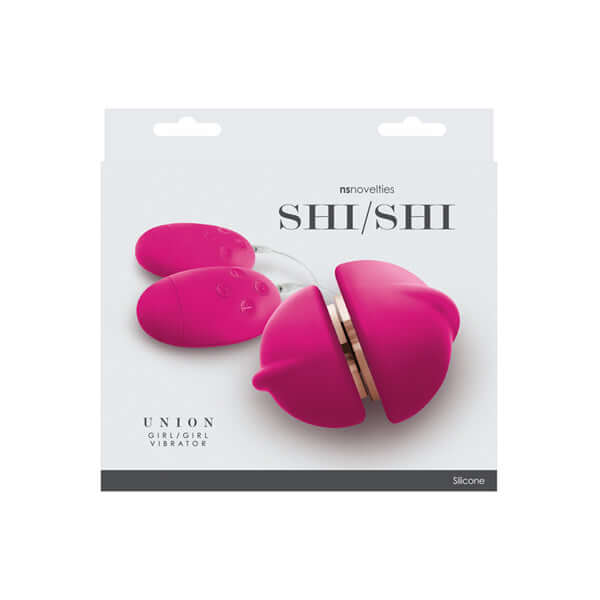 Packaging of Shi Shi Union Girl Girl Vibrator Pink showcasing its dual motors and silicone design.