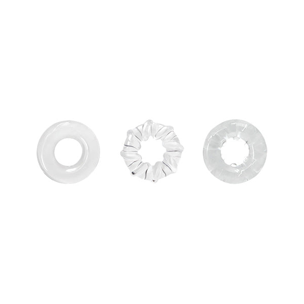 Renegade Dyno Rings 3 Pack Clear featuring three flexible and durable TPE rings in various designs.