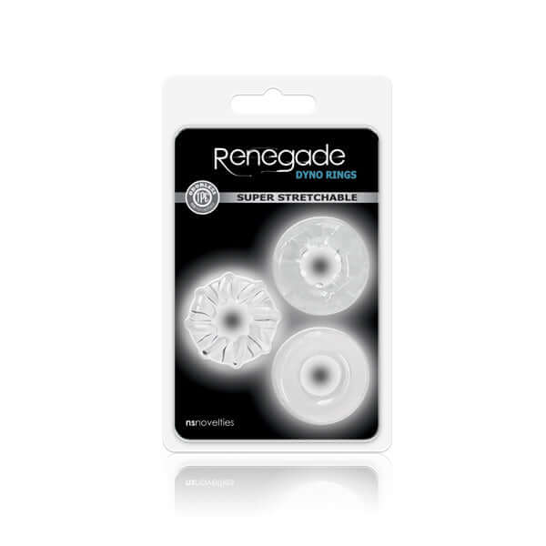 Renegade Dyno Rings 3 Pack Clear showcasing three super stretchable rings in a sleek package.