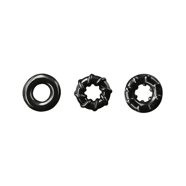 Renegade Dyno Rings Stretchable Cock Ring Set Black featuring three black TPE rings designed for a secure fit.