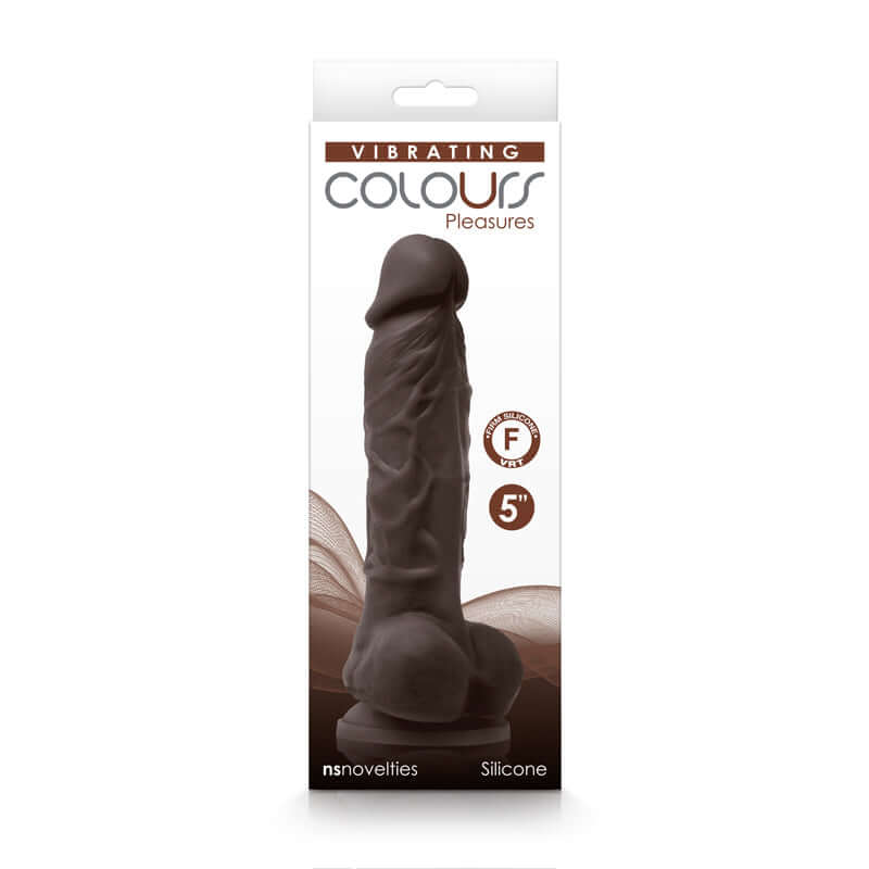 Colours Pleasures Vibrating 5 inch Dildo Dark Brown packaging showcasing its realistic design and premium silicone material.