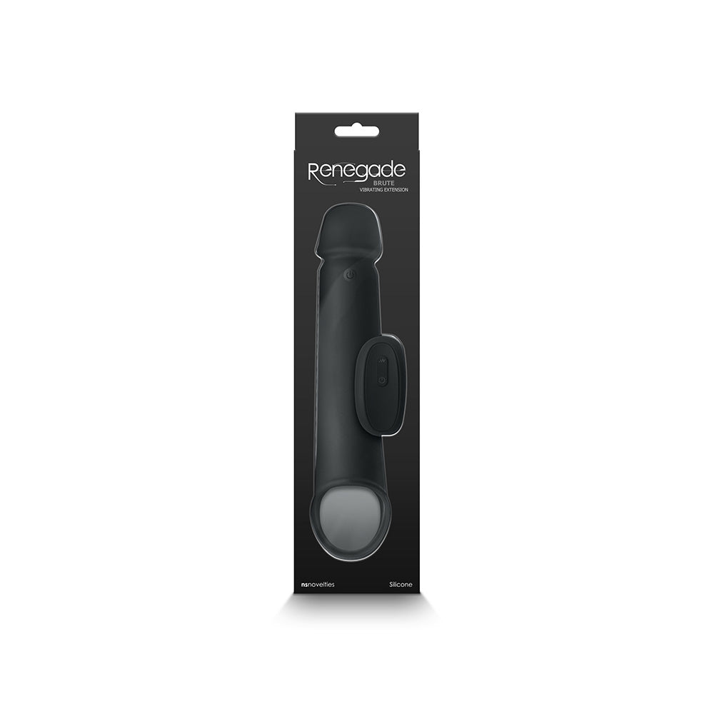 Renegade Brute Vibrating Penis Extension Black packaging showcasing its sleek design and features.