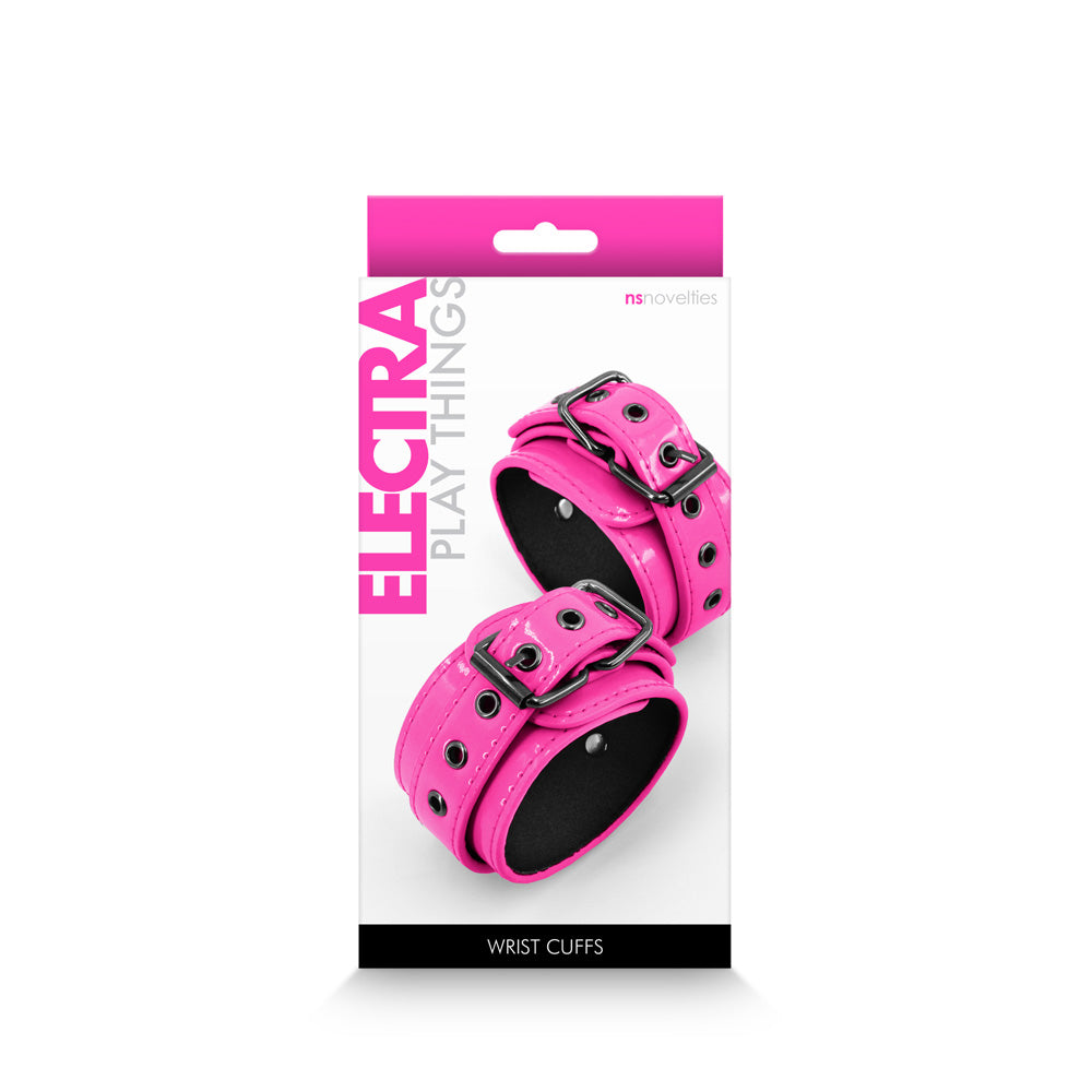 Electra Play Things Wrist Cuffs Pink packaging displaying bold pink cuffs for bondage and restraint play.