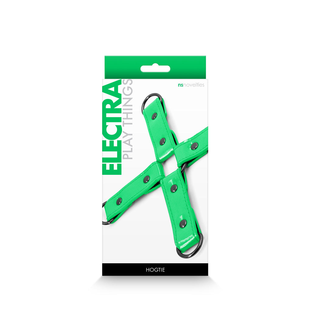 NS Novelties Electra Hog Tie Neoprene Lined Green packaging featuring a bold design and secure straps.