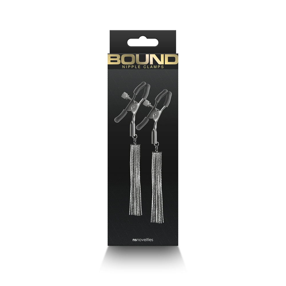 Bound Nipple Clamps D2 Gunmetal packaging showcasing nipple clamps with tassels for sensual play.