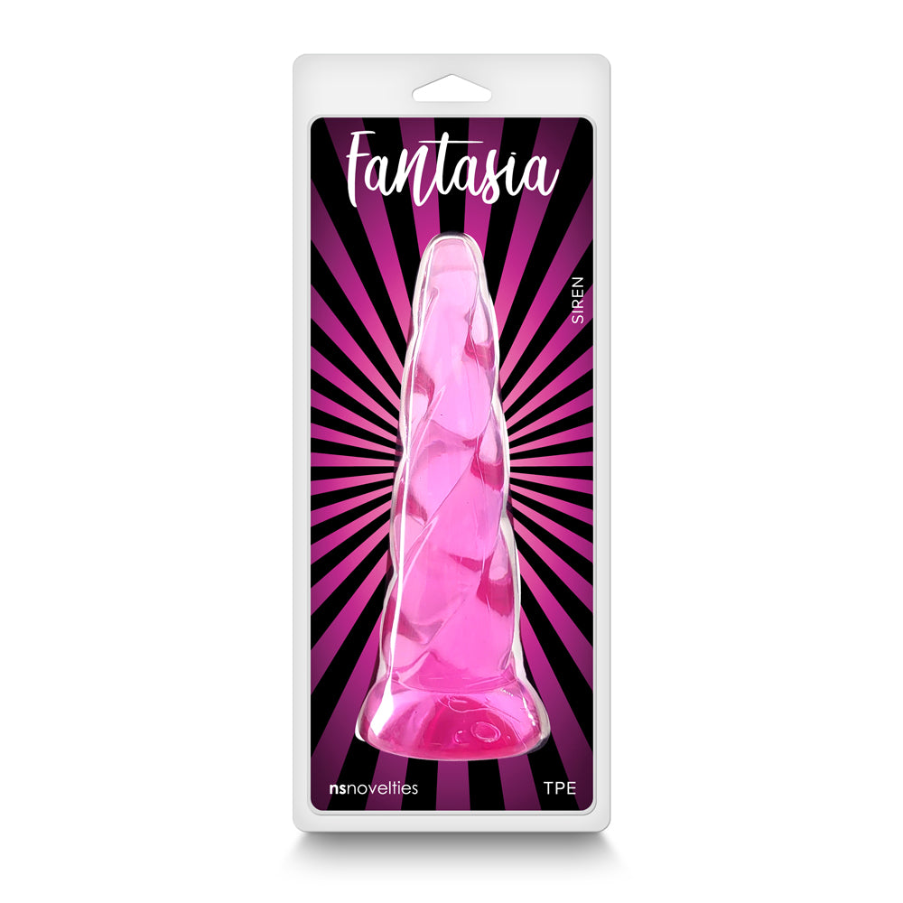 Fantasia Siren Pink Flexible Suction Cup Dildo in package with a vibrant pink and black design.