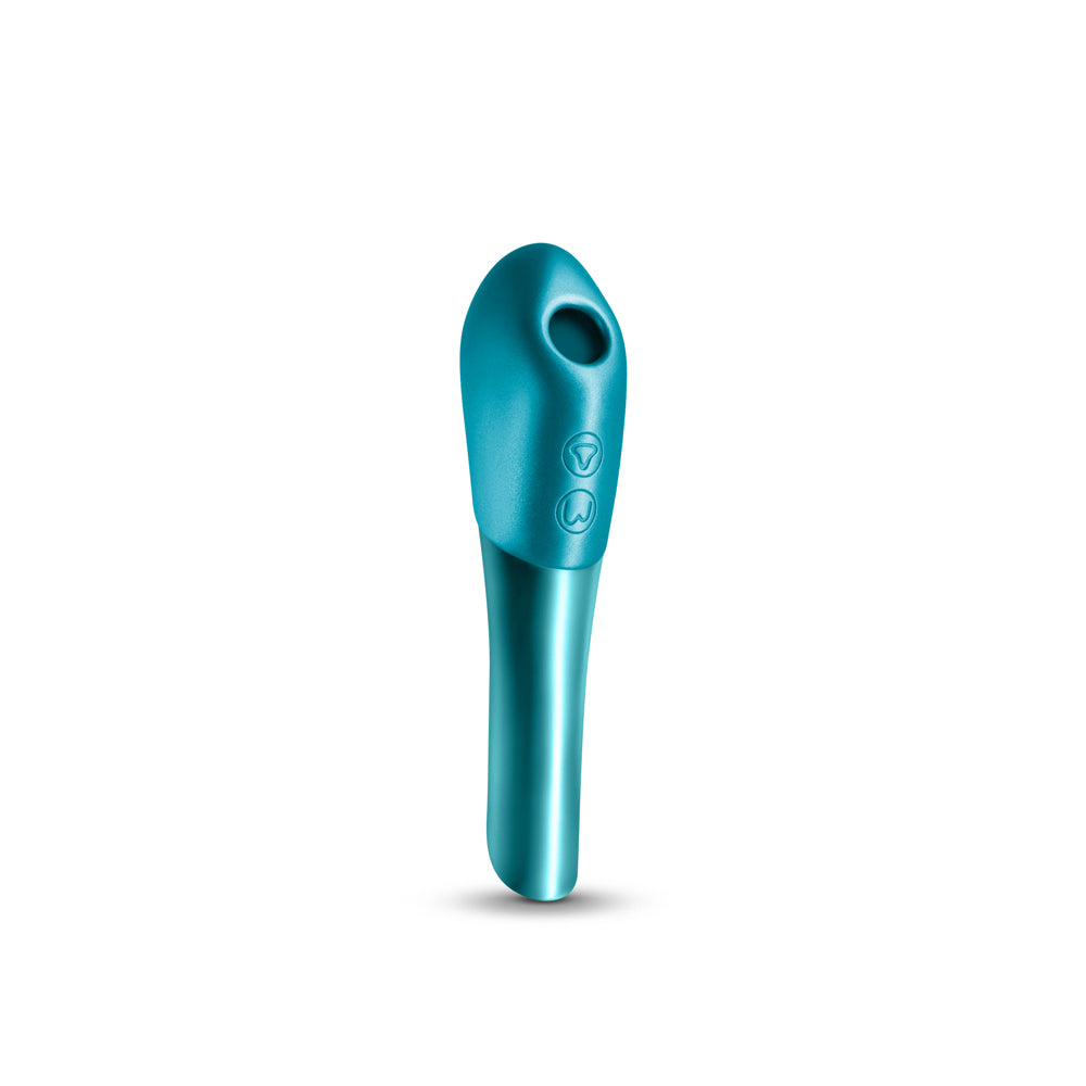 Seduction Nuvo Air Pulse Stimulator Metallic Teal, a compact pleasure device with air pulse and vibration features.