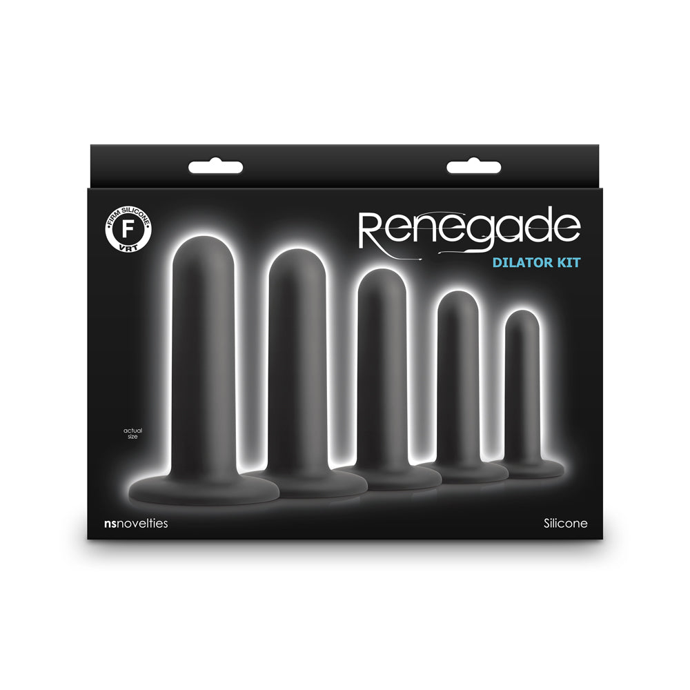 Renegade 5 Piece Silicone Dilator Kit Black packaging showcasing graduated sizes for intimacy and sexual wellness.